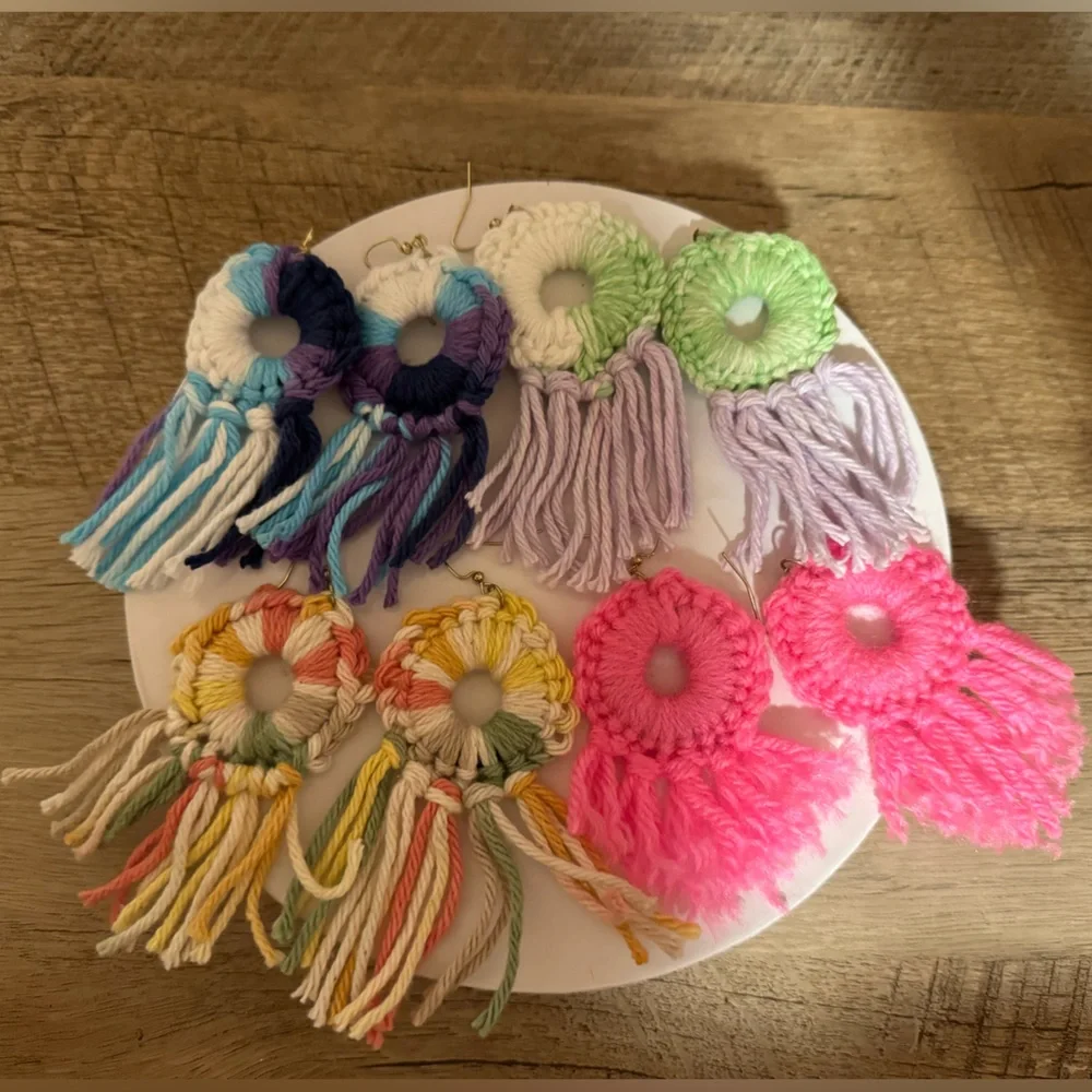 Crochet Boho Fringe Earrings (Handmade) Set of 4